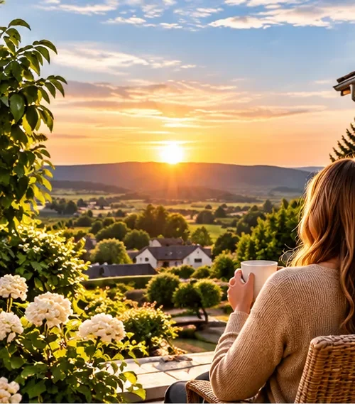 KI-generiertes Bild: Frau mit Kaffeetasse auf einer Terrasse bei Sonnenuntergang
